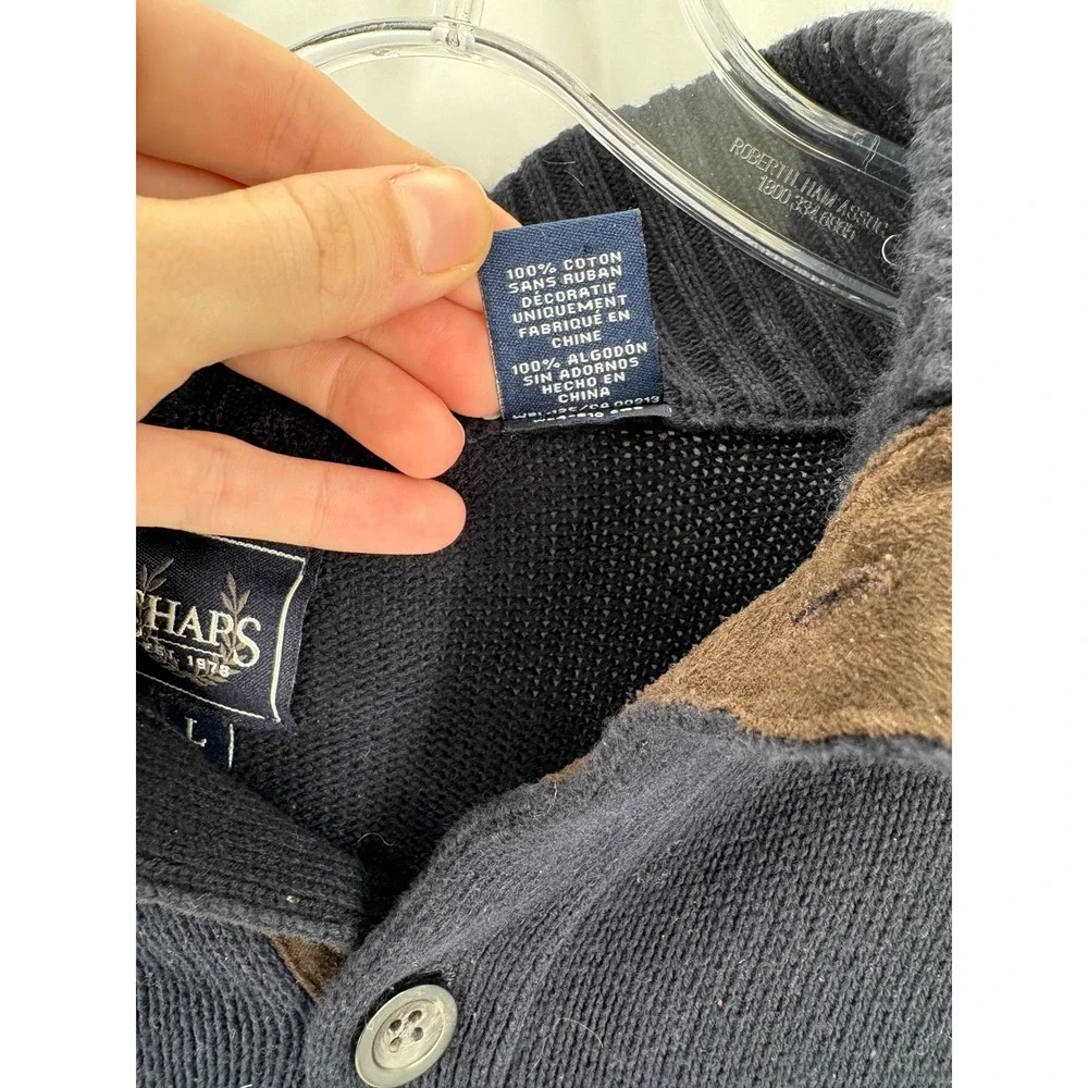 CHAPS Mens Navy Blue Button Up Cardigan Sweater Elbow Patches Size‎ L